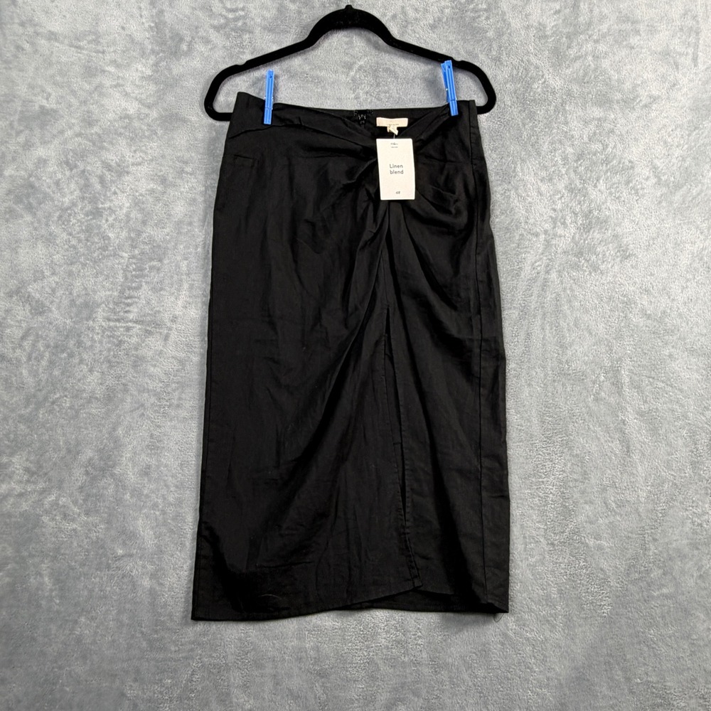 H&M Womens 6 Black Linen Blend Midi Skirt Front Knot Twist Quiet Luxury New